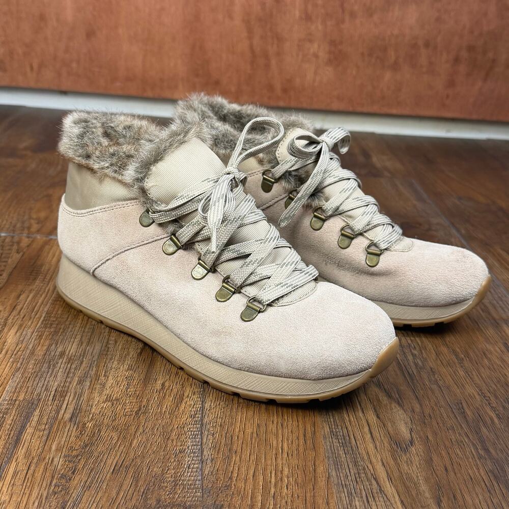 Bare Traps Grazi 8.5 M suede leather faux trim ankle hiking boots lace up beige